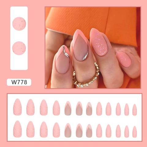 Matte Amandel Press-On Nagels Roze Goudfolie Glitter French Tip Zoete Ins Stijl Elegante Kunstnagels