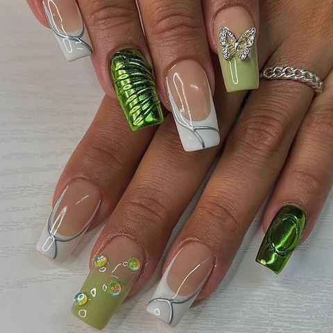Aurora Green Press On Nails Square Artificial Nails With Dimensional Butterfly And Rhinestones French Tip Style For Women