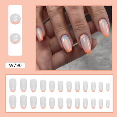 Aurora Oranje French Gradient Press On Nails Ovale Amandelvorm Glimmende Elegante Kunstnagels Voor Vrouwen