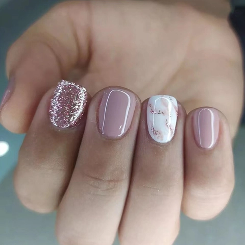 Short Square Press On Nails Marble Texture Glitter Pink Mauve Artificial Fingernails For Women Fashion Daily Wear