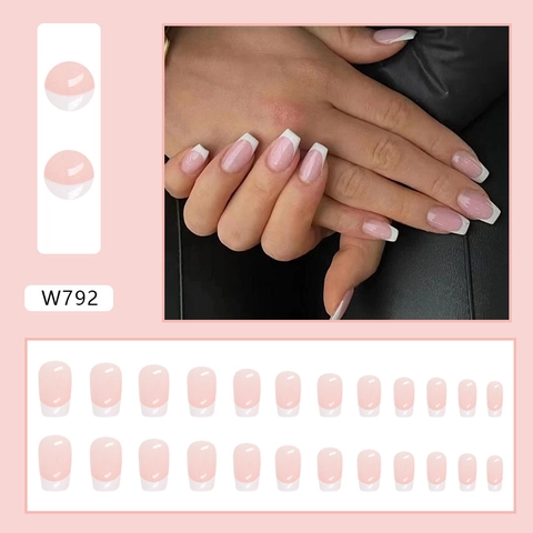 Faux Ongles Press On French Tip Court Coffin Ballet Forme Pointes Blanches Base Rose Nude Simple Minimaliste Ongles Artificiels