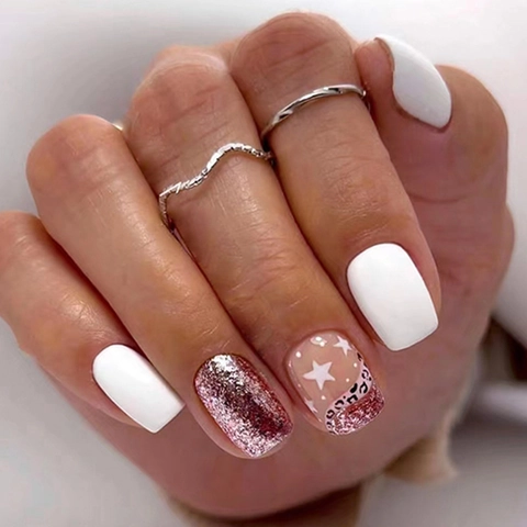 Short Ballet Press On Nails Pink Glitter Star Leopard Print White Sweet Style Artificial False Nails