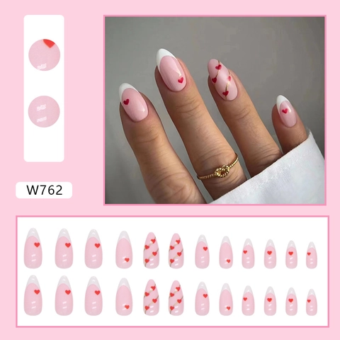 Unghie Finte Forma Mandorla French Punte Bianche Base Rosa Cuore Rosso Linee Dorate Dolce Elegante Per Donne