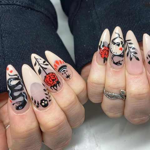 Unghie Finte Dark Gothic Serpente Rosa Rossa Mandorla Lunghe Per Halloween Party Cool Edgy Per Donne
