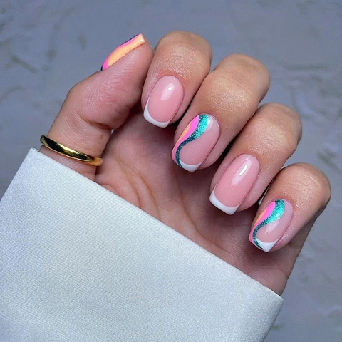 Kunstnägel Zum Aufkleben French Tip Aurora Wellenmuster Bunt Glänzend Künstliche Fingernägel Mittelquadrat Damen