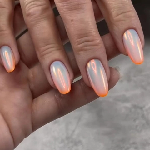 Aurora Oranje French Gradient Press On Nails Ovale Amandelvorm Glimmende Elegante Kunstnagels Voor Vrouwen