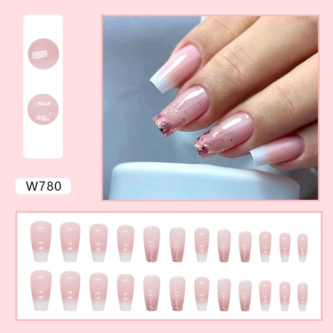 Uñas Postizas Press On Degradado Francés Rosa Blanco Brillo Forma Bailarina Uñas Largas Mujer Dulce