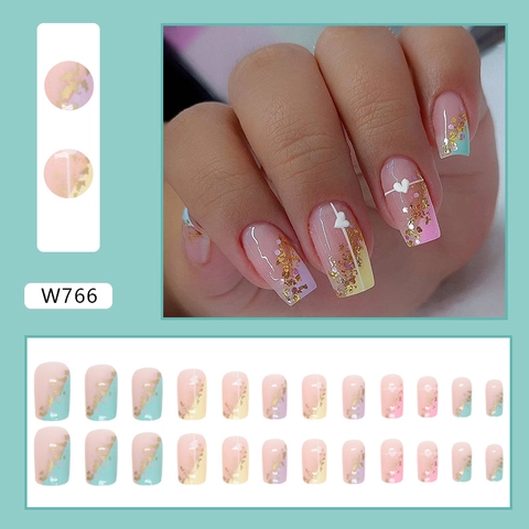 Rainbow Gradient French Press On Nails With Gold Foil And Heart Pattern Square Fake Nails Sweet Macaron Manicure For Women