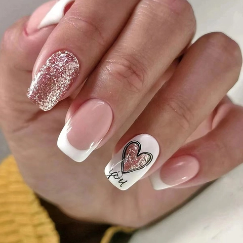 Ψεύτικα Νύχια French Tip Λευκή Καρδιά Γκλίτερ Ροζ Ευρωπαϊκό Τετράγωνο Μεσαίου Μήκους Γυναικεία