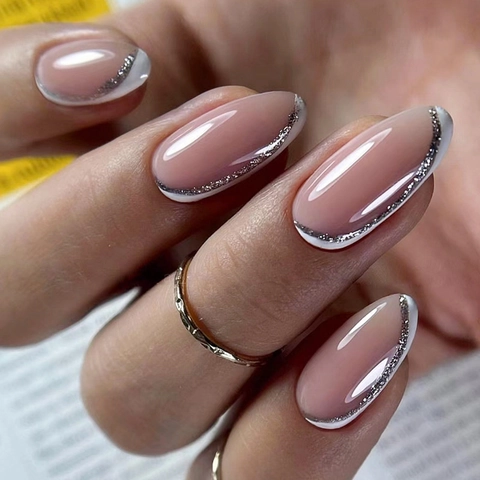 Press On Nägel Mandelform Nude Rosa Weiß French Tip Silber Glitzer Linie Falsche Nägel Für Damen Elegant Glänzend