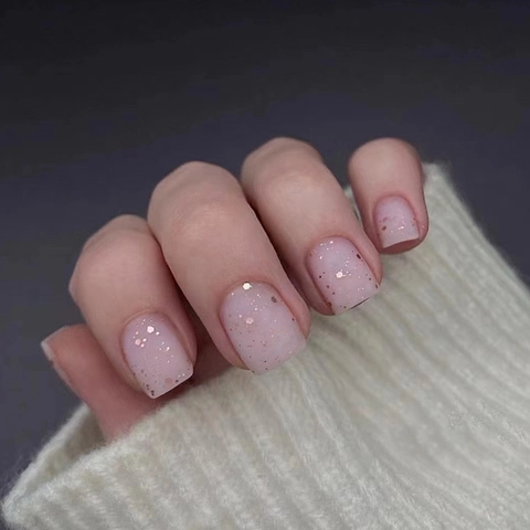 Short Square Press On Nails Luxury Gold Glitter Shards Translucent Pink Jelly Fake Nails Elegant Manicure For Women