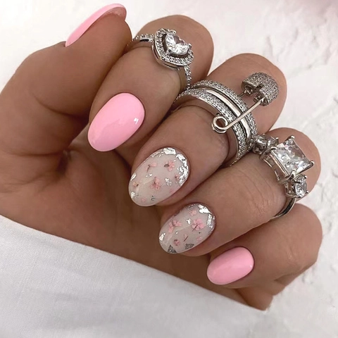 Faux Ongles Press On Ovales Fleurs De Cerisier Roses Paillettes Argentées Manucure Douce Mode Pour Femmes