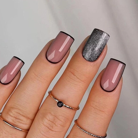 Press On Nails Pink Black French Style Square False Nails With Silver Glitter Sequins Fashionable Manicure For Women