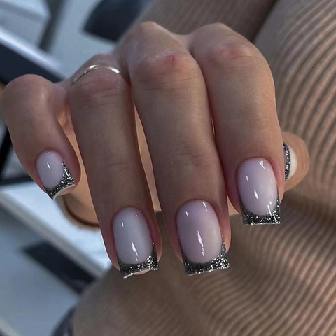 Franse Press On Nagels Zilveren Glitter Tips Nude Roze Vierkante Kunstnagels Draagbare Manicure Voor Dames
