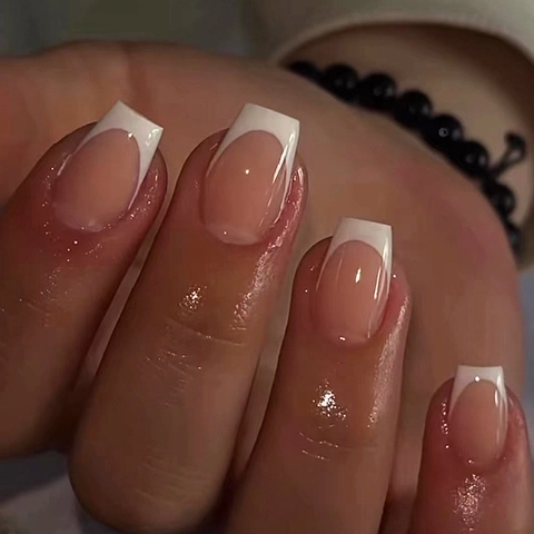 French Tip Press On Nails Nude Pink White Edge Short Ballet Shape Artificial Patches Elegant Simple Daily Wear For Women