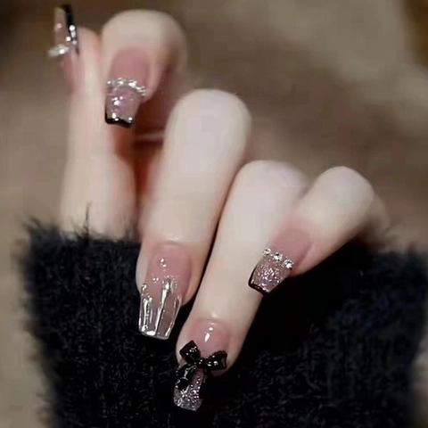 Black Butterfly Press On Nails Coffin French Tip Nude Pink Rhinestone Artificial Pearl Shiny Elegant Plastic Artificial Nails Women