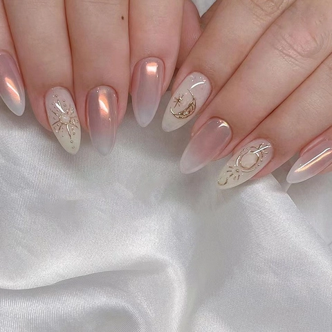 Almond Aurora Gradient Press On Nails Pink White Celestial Sun Moon Star Pattern Elegant Glossy False Nails For Women