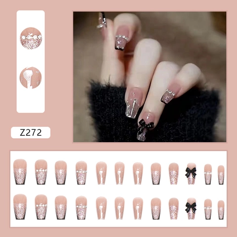 Black Butterfly Press On Nails Coffin French Tip Nude Pink Rhinestone Artificial Pearl Shiny Elegant Plastic Artificial Nails Women