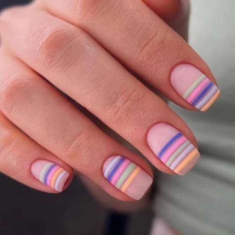 Matte Rainbow Stripe Press On Nails Colorful Long Square French Cute Summer Niche INS Style For Women