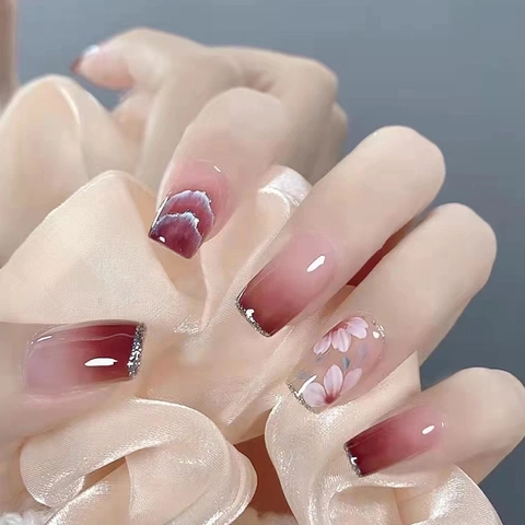 Burgundy Gradient Press On Nails Long Coffin Glossy Resin Hand Painted Camellia Flower Artificial Fingernails For Women