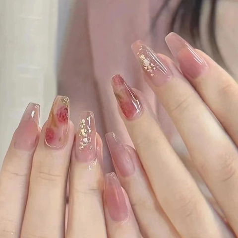 Press On Nägel Pink Transparent Sargform Roségold Kante Blumenmuster Goldfolie Elegante Lange Künstliche Fingernägel