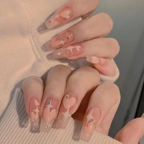 Faux Ongles Press On Dégradé Rose Coeur Ballerine Longs Avec Strass Paillettes Motif Étoile Brillant
