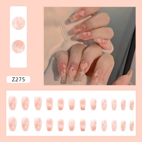 Faux Ongles Press On Dégradé Rose Coeur Ballerine Longs Avec Strass Paillettes Motif Étoile Brillant