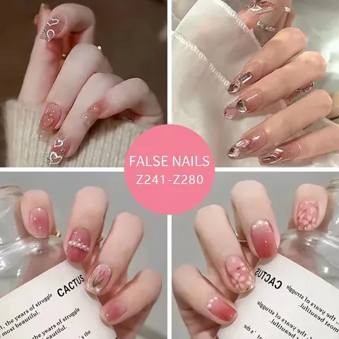 Ongles Press On Dégradé French Tip Faux Ongles Artificiels Avec Strass Künstliche Perles Cœur Papillon Fleur Forme Couvrante Réutilisable Pour Femmes