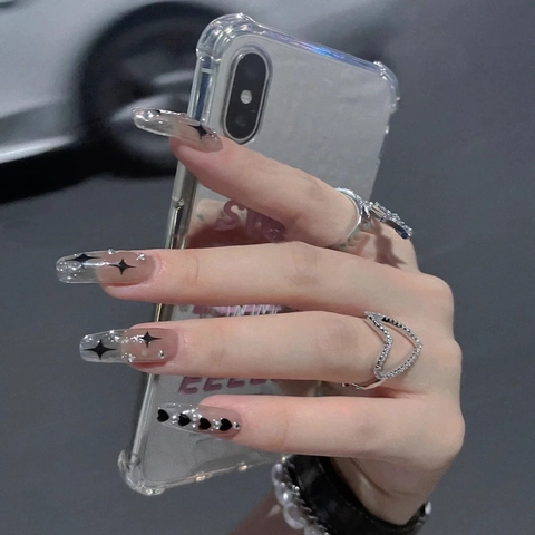 Press On Kunstnagels Doodskist Vorm Ster Hart Gradiënt Roze Transparant Met Strasssteentjes DIY Manicure