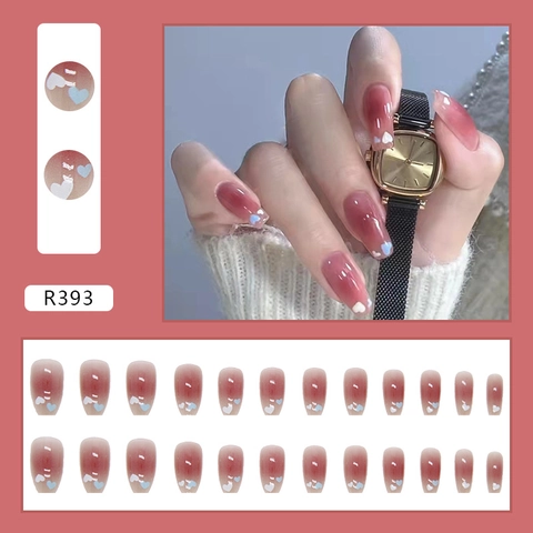 Uñas Postizas A Presión Con Degradado Rosa Y Patrón De Corazón Forma De Ataúd Larga Moda Diaria Para Mujeres
