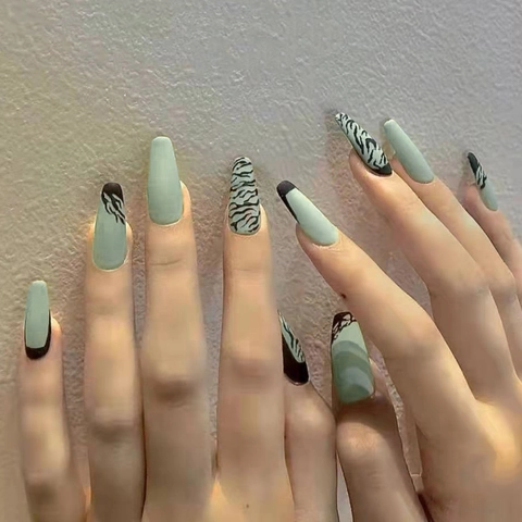 Matte Mint Green Black Zebra Pattern Press On Nails Long Coffin False Nails Artificial Finger Manicure Fashion Nail Art Accessories