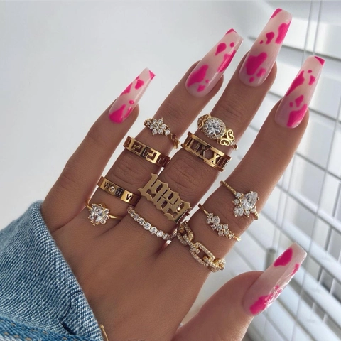 Faux Ongles Long Coffin À Presser Motif Vache Rose Effet Marbre Pointes D'ongles Artificielles