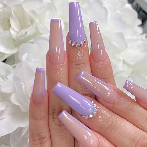 Press On Nails Forma A Bara Lunga Lavanda Viola Nude Rosa French Tip Elegante Strass Unghie Artificiali Per Donne