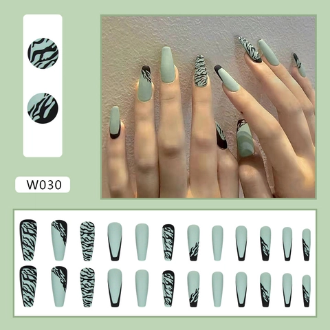 Matte Mint Green Black Zebra Pattern Press On Nails Long Coffin False Nails Artificial Finger Manicure Fashion Nail Art Accessories
