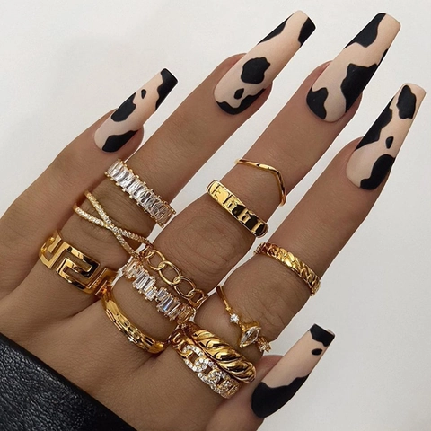Kunstnagels Press On Coffin Lang Mat Koepatroon Beige Zwart Modieuze Manicure Accessoires Voor Vrouwen