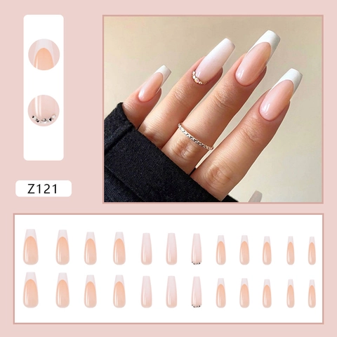 Press On Nägel Lang Coffin French Weiße Spitze Nude Rosa Falsche Nägel Mit Strass Dekor Elegant