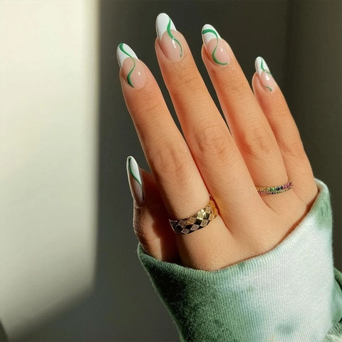 Press On Nails Lunghe Mandorla Unghie Finte Artificiali Motivo Linea Ondulata Verde Stile Francese W043 Bellezza Elegante