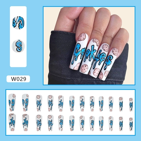 Uñas Postizas De Ataúd Largo Blanco Azul Rosa Graffiti Art Street Style Uñas Postizas Para Mujeres Accesorio De Manicura