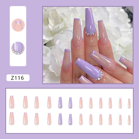 Press On Nails Forma A Bara Lunga Lavanda Viola Nude Rosa French Tip Elegante Strass Unghie Artificiali Per Donne