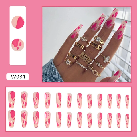 Faux Ongles Long Coffin À Presser Motif Vache Rose Effet Marbre Pointes D'ongles Artificielles