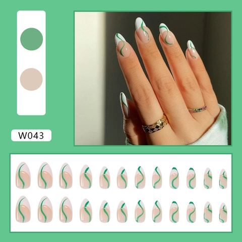 Press On Nails Lunghe Mandorla Unghie Finte Artificiali Motivo Linea Ondulata Verde Stile Francese W043 Bellezza Elegante