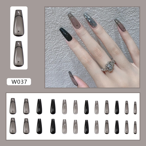 Unghie Finte Press On Long Coffin Ballerina Nero Trasparente Glitter Argento Polka Dot Unghie Artificiali