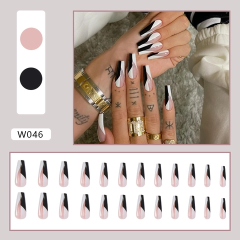 Long Coffin Press On Nails Geometrische Zwart Wit Roze Patchwork Glanzende Kunstnagels Voor Dames