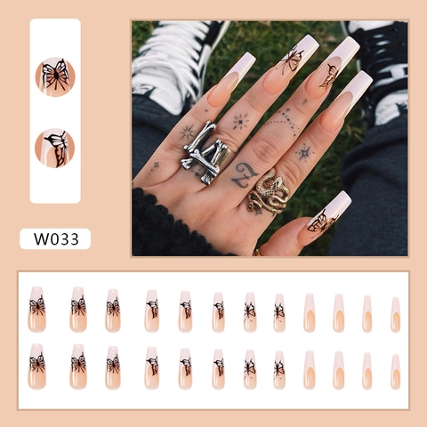 Long Coffin Press On Nails Punta Francesa Motivo Farfalla Nude Rosa Lucido Unghie Finte Arte Manicure Professionale