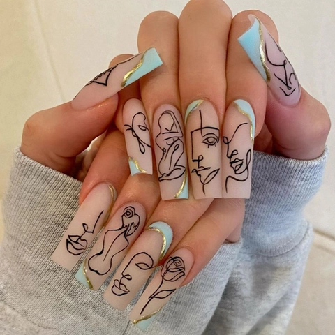 Coffin Press On Nails Lunghe Nude Rosa Blu Chiaro Arte Linea Astratta Viso Corpo Rosa Design Foglia Oro Unghie Finte