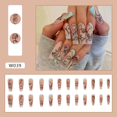 Coffin Press On Nails Lunghe Nude Rosa Blu Chiaro Arte Linea Astratta Viso Corpo Rosa Design Foglia Oro Unghie Finte