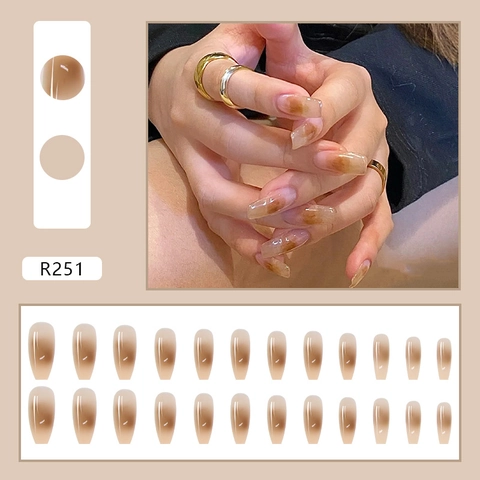 Coffin Press On Nails Long Ballerina Smudge Amber Gradient Autumn Winter Glossy Resin Artificial False Fingernails
