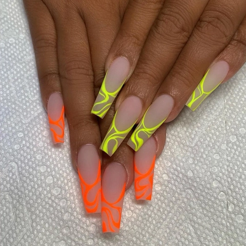 Press On Nails Long Coffin Shape Neon Yellow Orange Flame Swirl Design Frosted Matte Artificial Fake Nails For Women