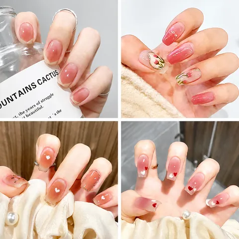 24 Stück Französisch Rosa Farbverlauf Künstliche Nägel Zum Aufdrücken Mit Herz Blumen Designs Lange Sargform Damen Maniküre Dekor
