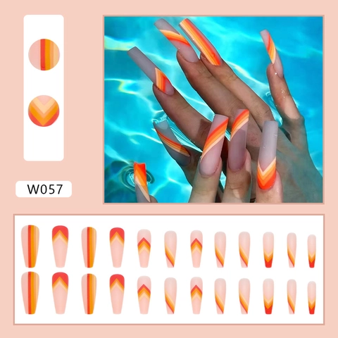 Lange Sarg Form Aufpressnägel Matt Geometrische Wellenlinien Rot Orange Gelb Muster Künstliche Nägel